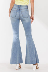 High Rise Solid Flare Jeans With Raw Scissor Cut Hem