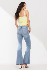 High Rise Solid Flare Jeans With Raw Scissor Cut Hem