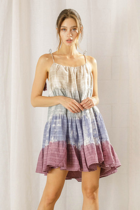 Tie-Dye Color Block Trapeze Swing Mini Dress