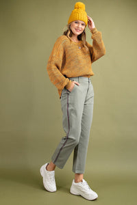 Stripe Tape On Side Washed Stretch Twill Cropped Pants