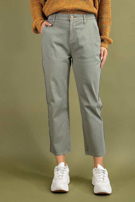 Stripe Tape On Side Washed Stretch Twill Cropped Pants