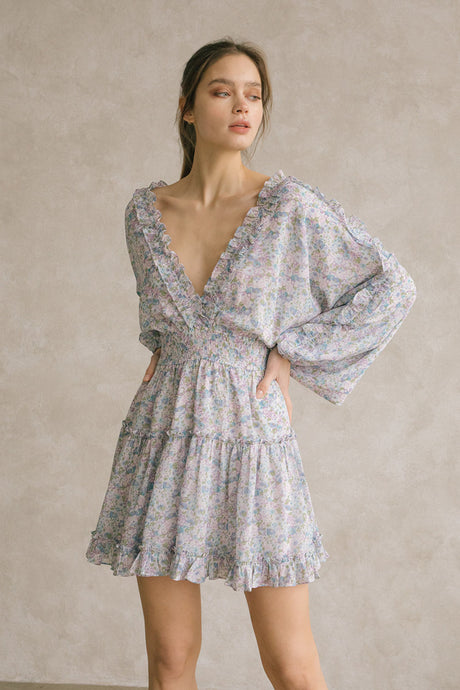 Lavender, Blue Ditsy Floral Long Sleeves Mini Dress