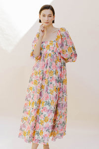 Multi-Color Roses Midi Baby Doll Dress