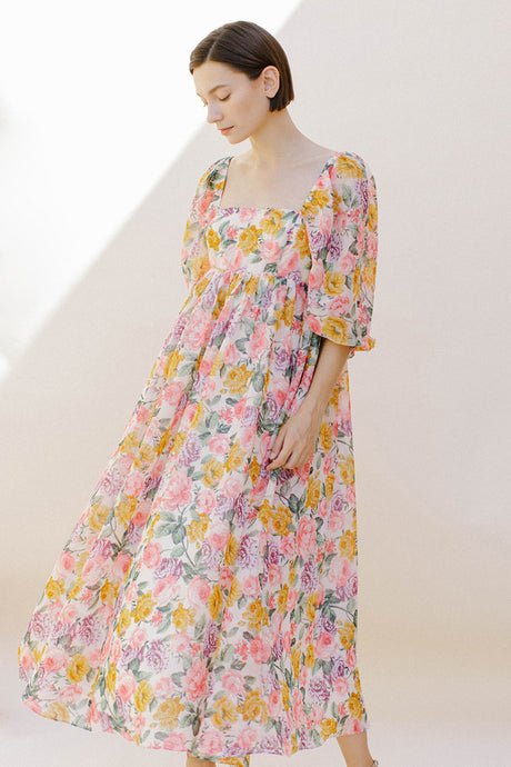 Multi-Color Roses Midi Baby Doll Dress