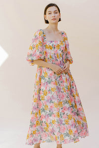 Multi-Color Roses Midi Baby Doll Dress